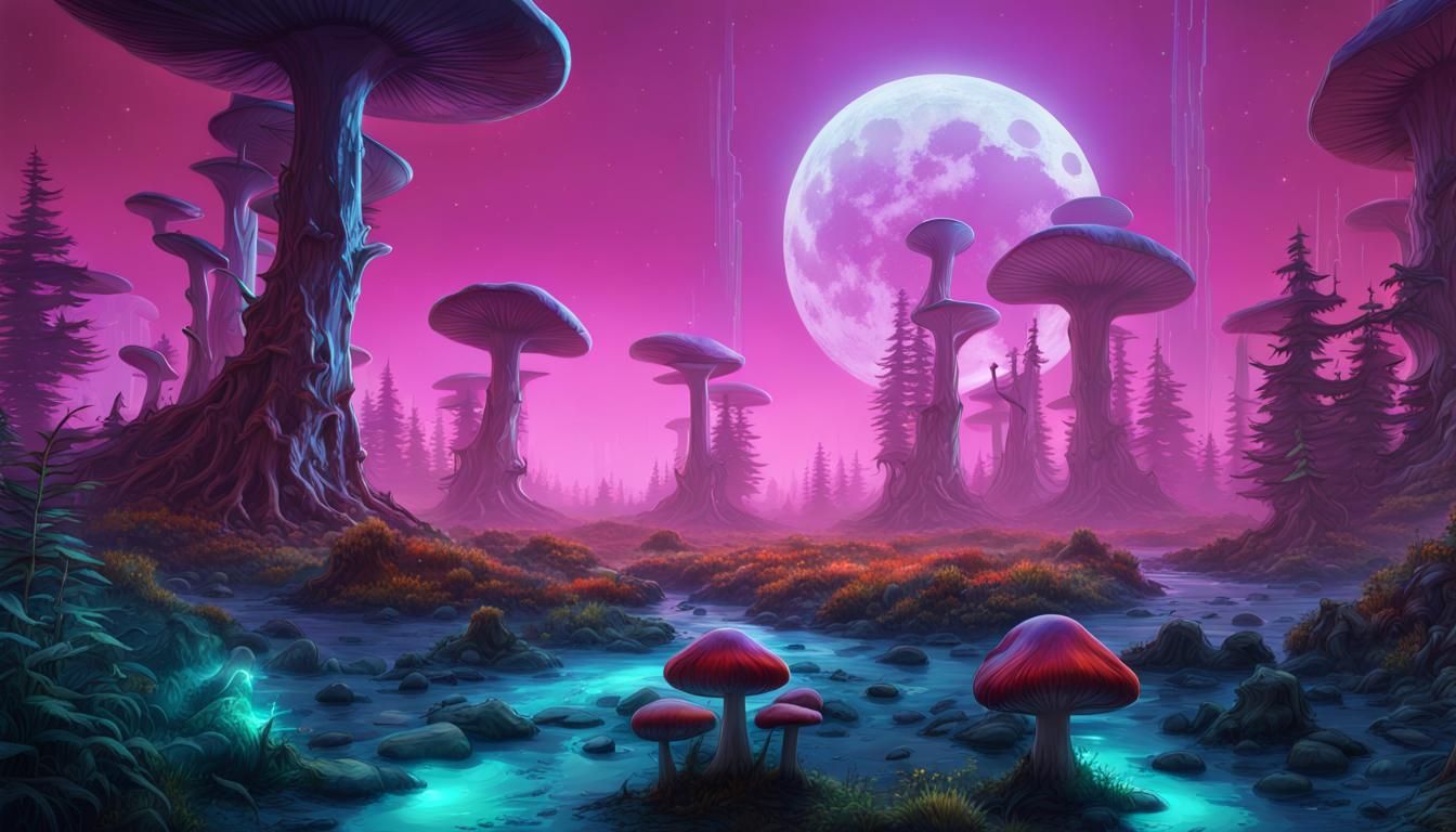 Alien World: Giant Mushrooms in a Dark Fantasy Landscape