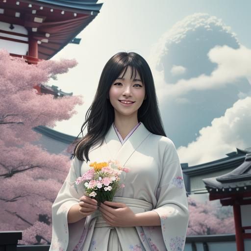 Japanese Woman in Temple Garden: 3D Render