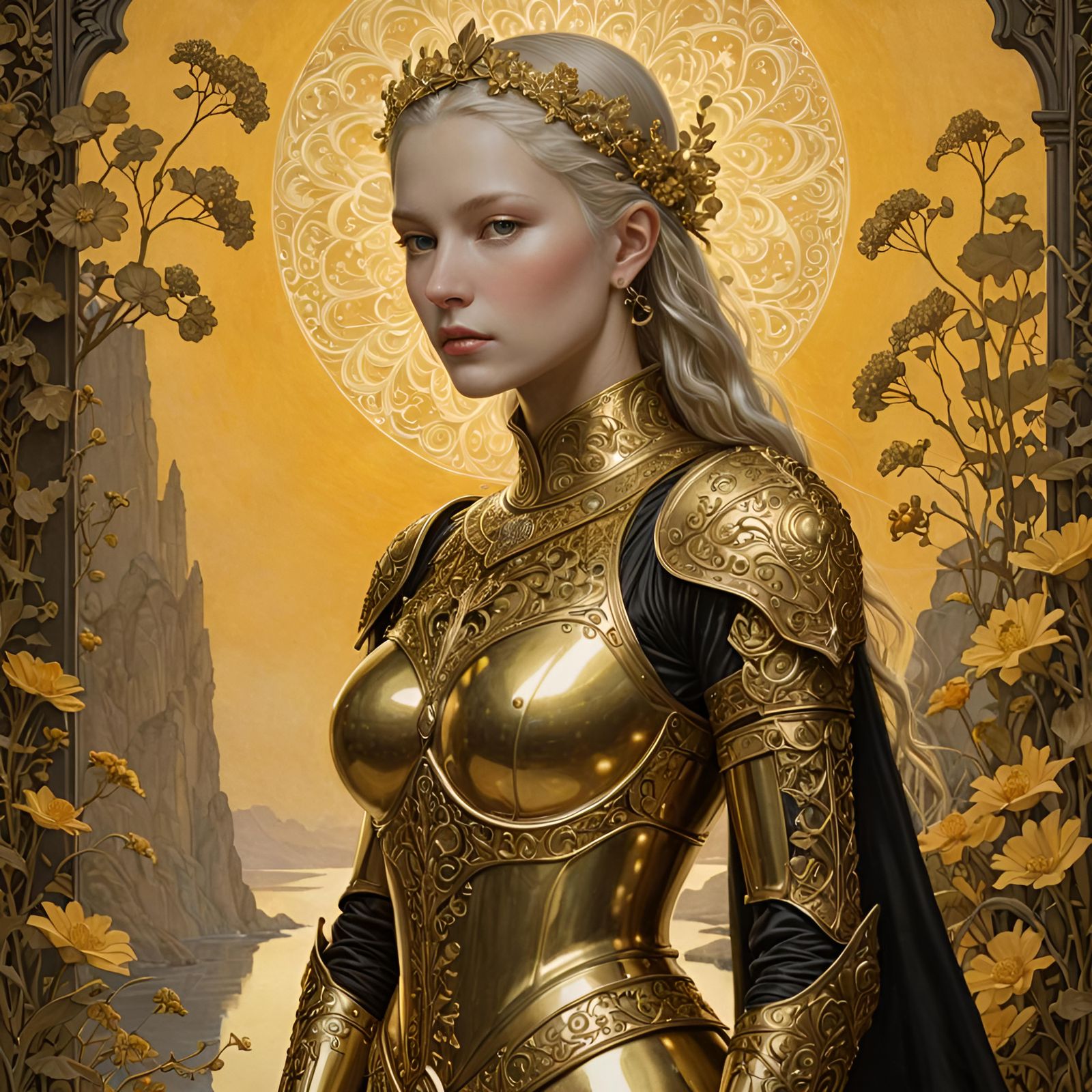 Golden Woman in Armor at Sunset, Illustration Style