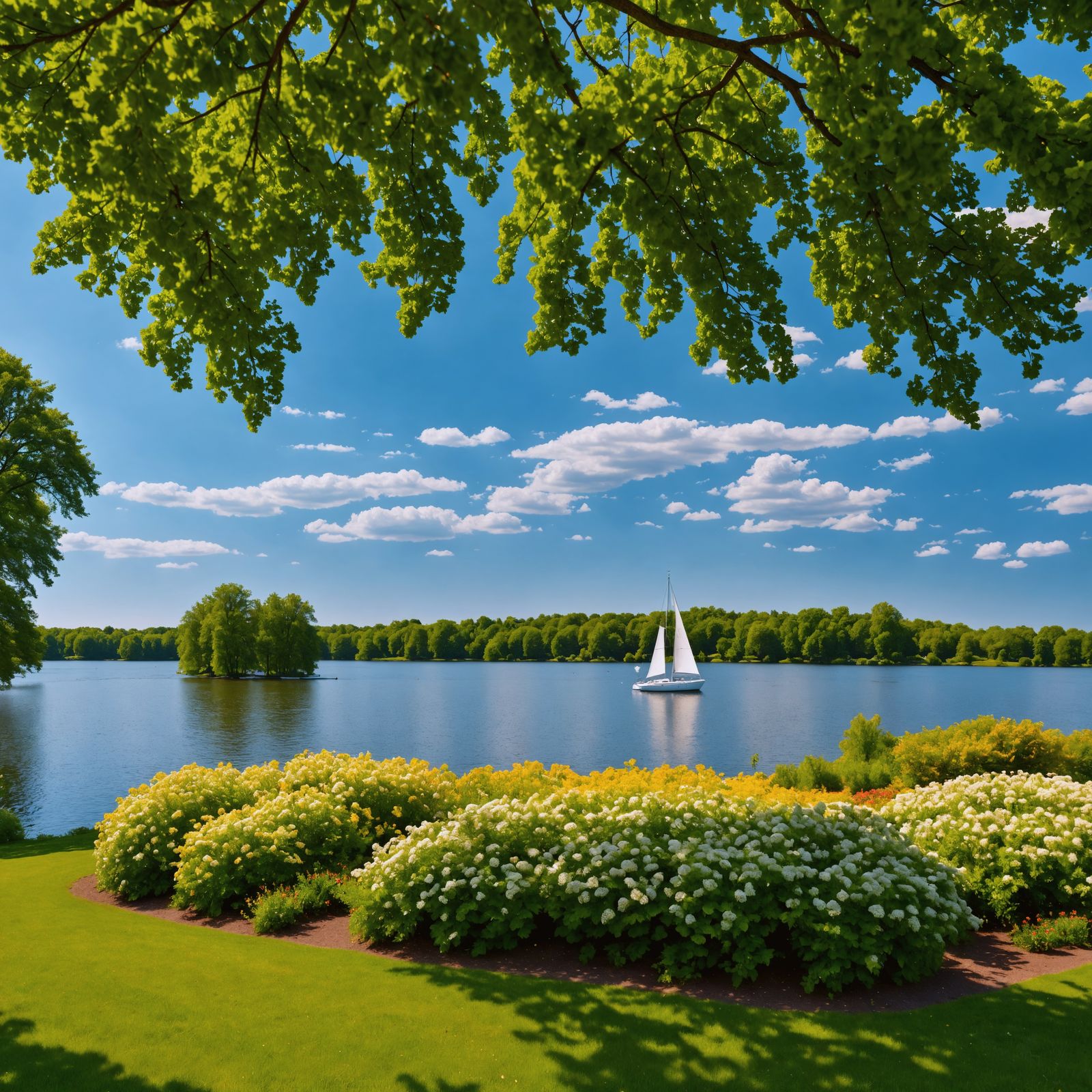 Vibrant Hyperrealistic Sailboat Scene on Serene Lake