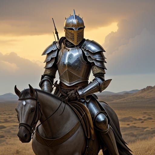 Armored Knight Rides into Romantic Sunset