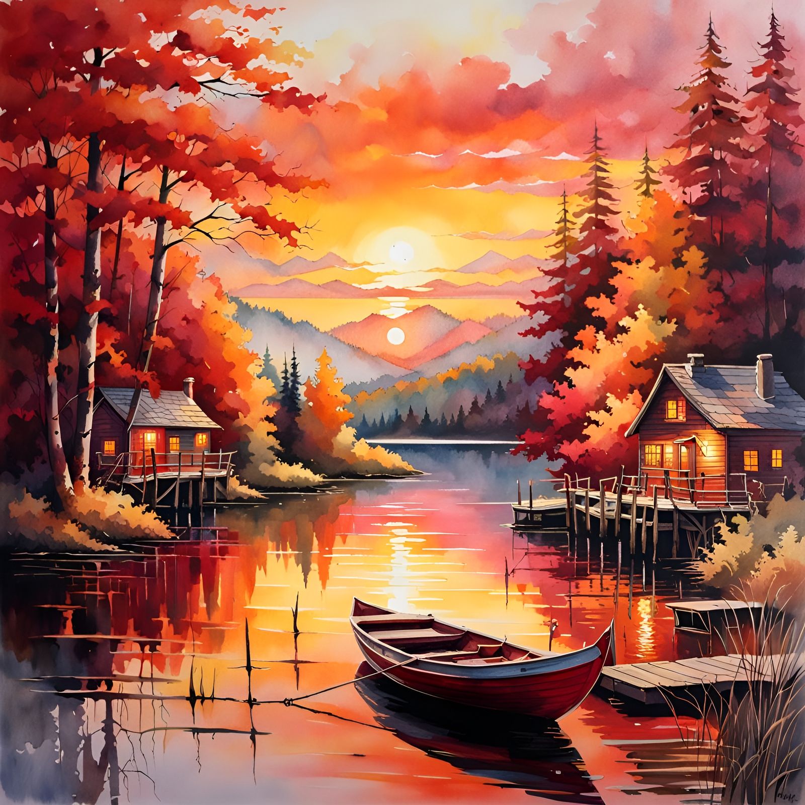 Polychromatic Lakeside Home at Sunrise in Watercolor Style