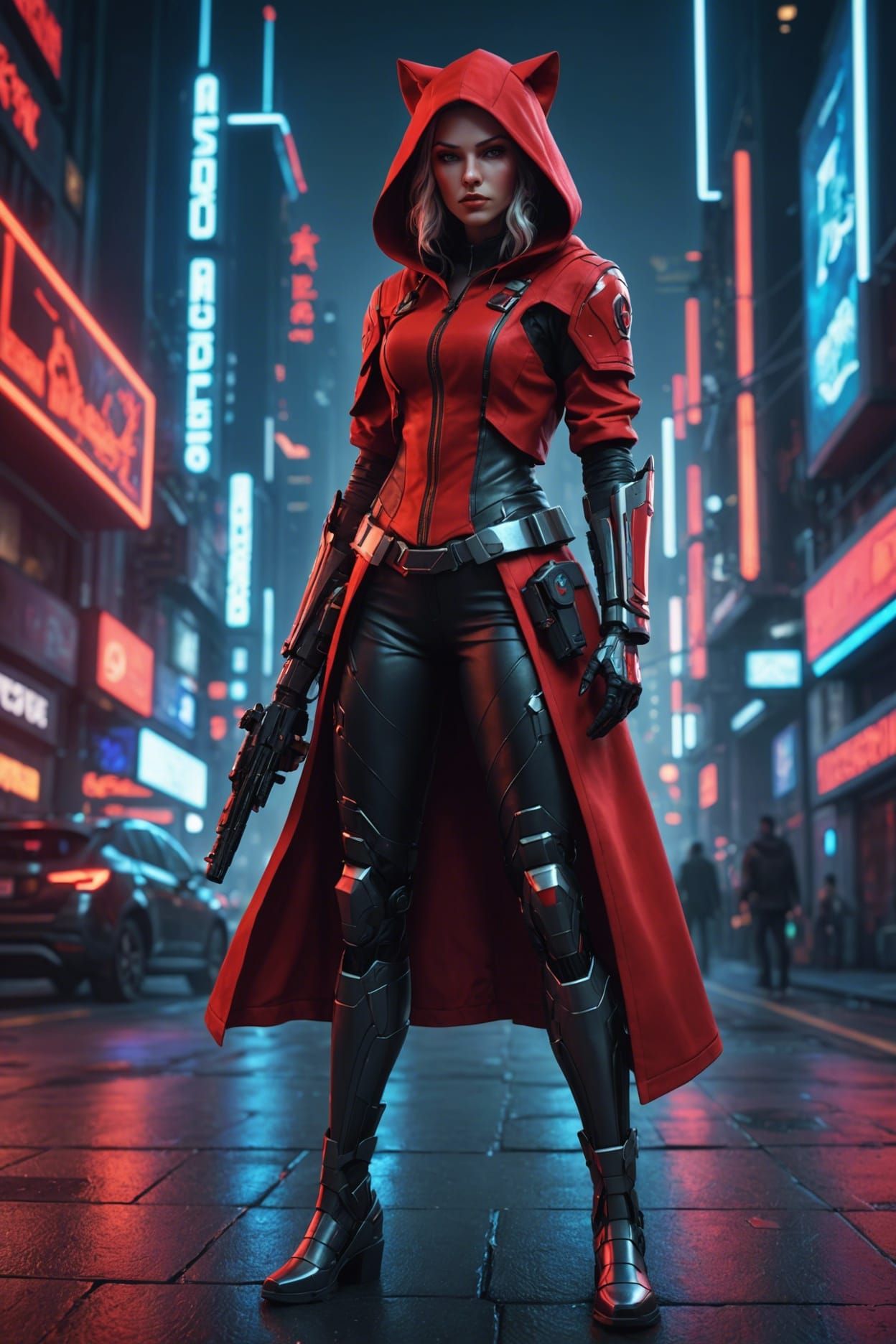 Cybernetic Red Riding Hood in a Neon Cityscape