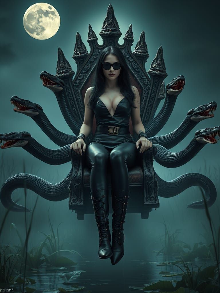 Serpentine Throne: Woman in Leather Rises from Swamp
