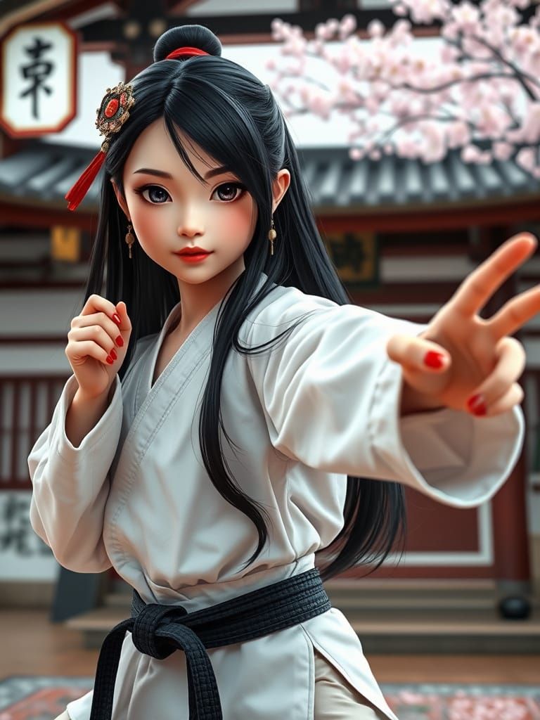 Chinese Girl in Karate Stance, Realistic Dojo Setting