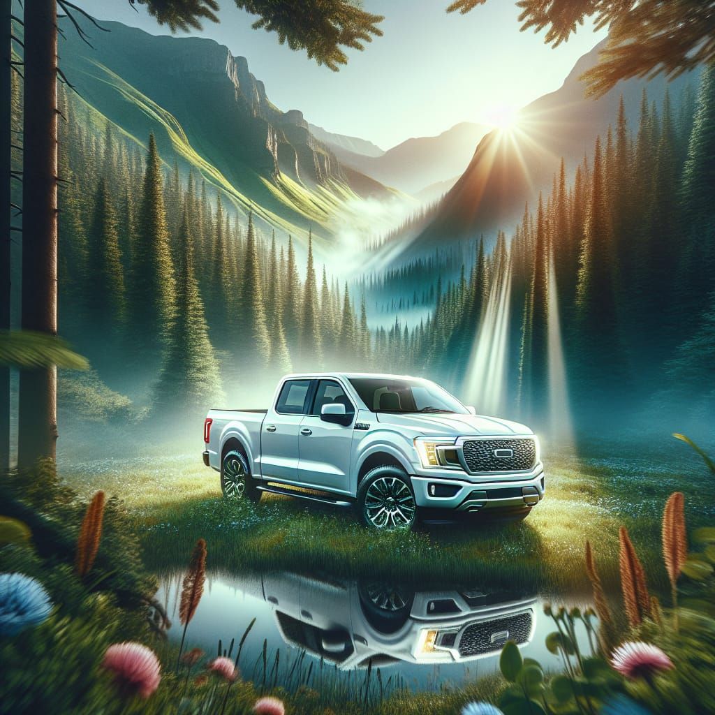 White Pickup Truck in Mountain Landscape - Hyper-realistic A...