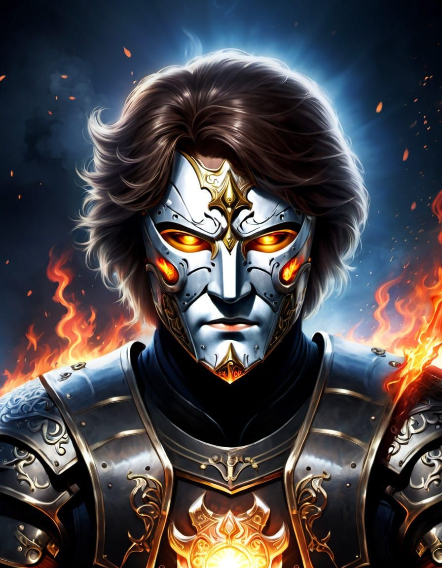 Fantasy Warrior in Iron Mask and Flames