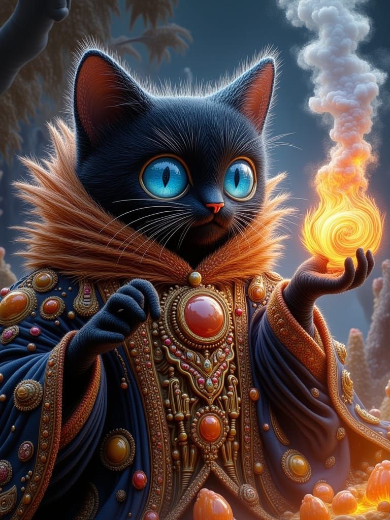 Regal Black Cat Wizard Amidst Swirling Flames