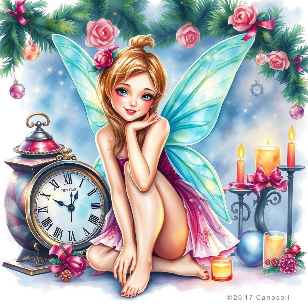 Enchanting Fairy by New Year's Decorations in Watercolor Sty...