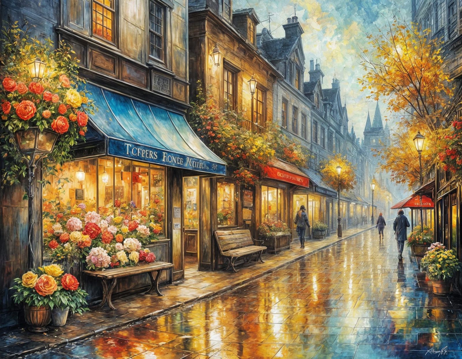 Vivid Autumn Street Scene with Golden Reflections