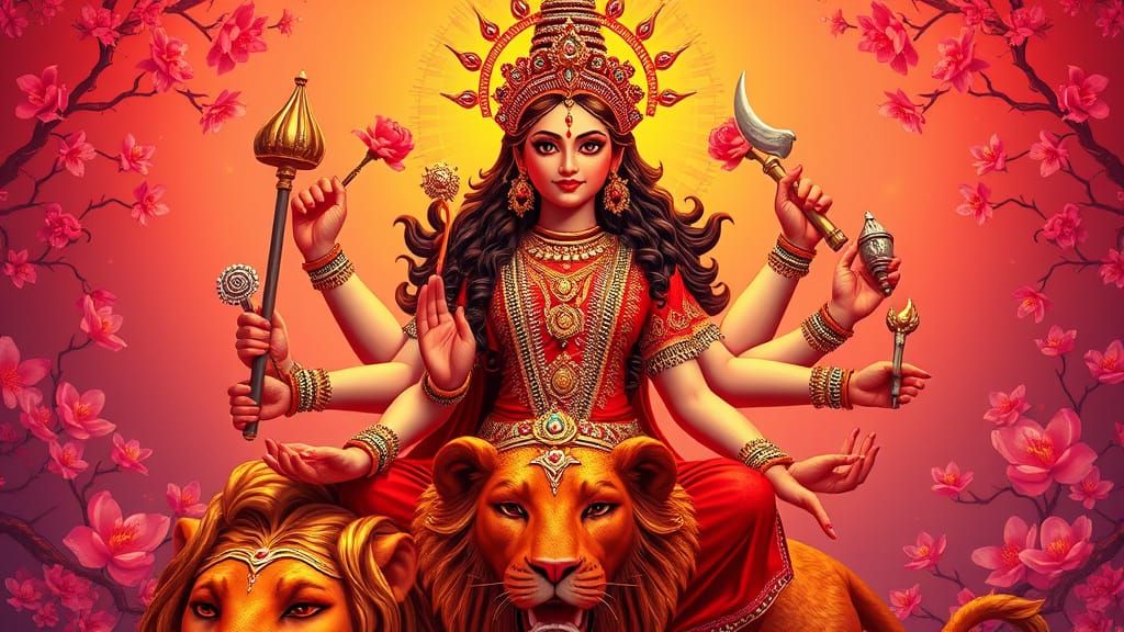Divine Goddess Durga in Vibrant, Warm-Toned Elegance