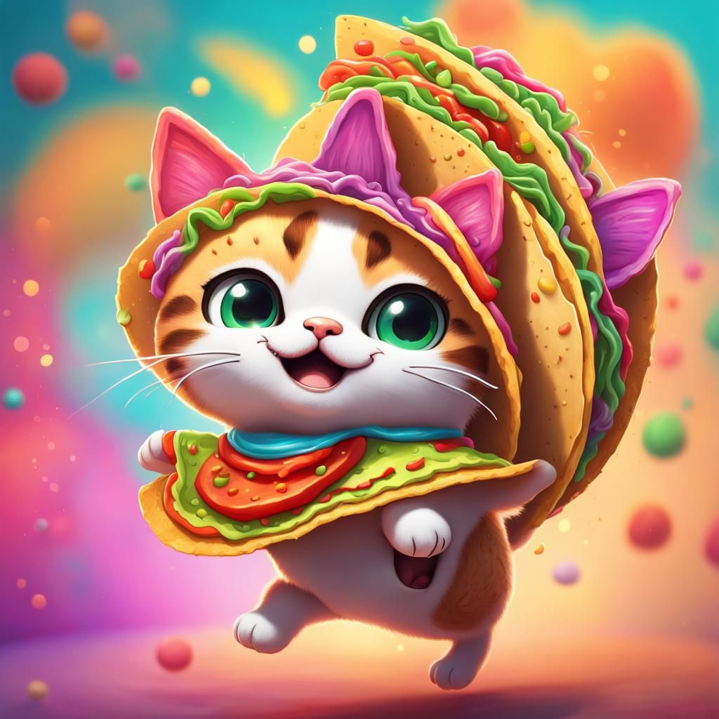 Hyperrealistic Taco Cat Dancing with Kawaii Eyes