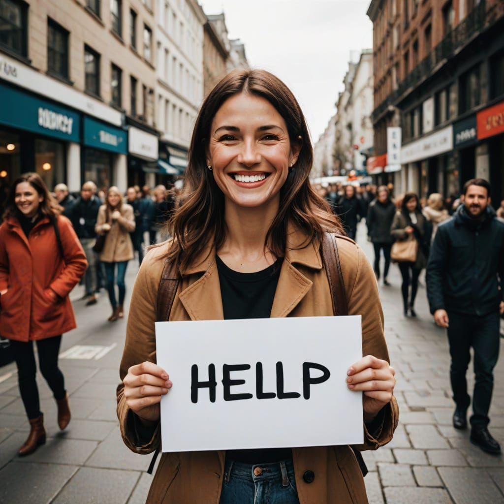 Woman Smiling Holding a Help Sign