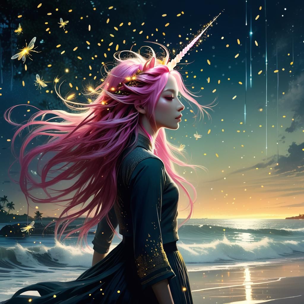 Airy Unicorn with Fireflies in Astral Style