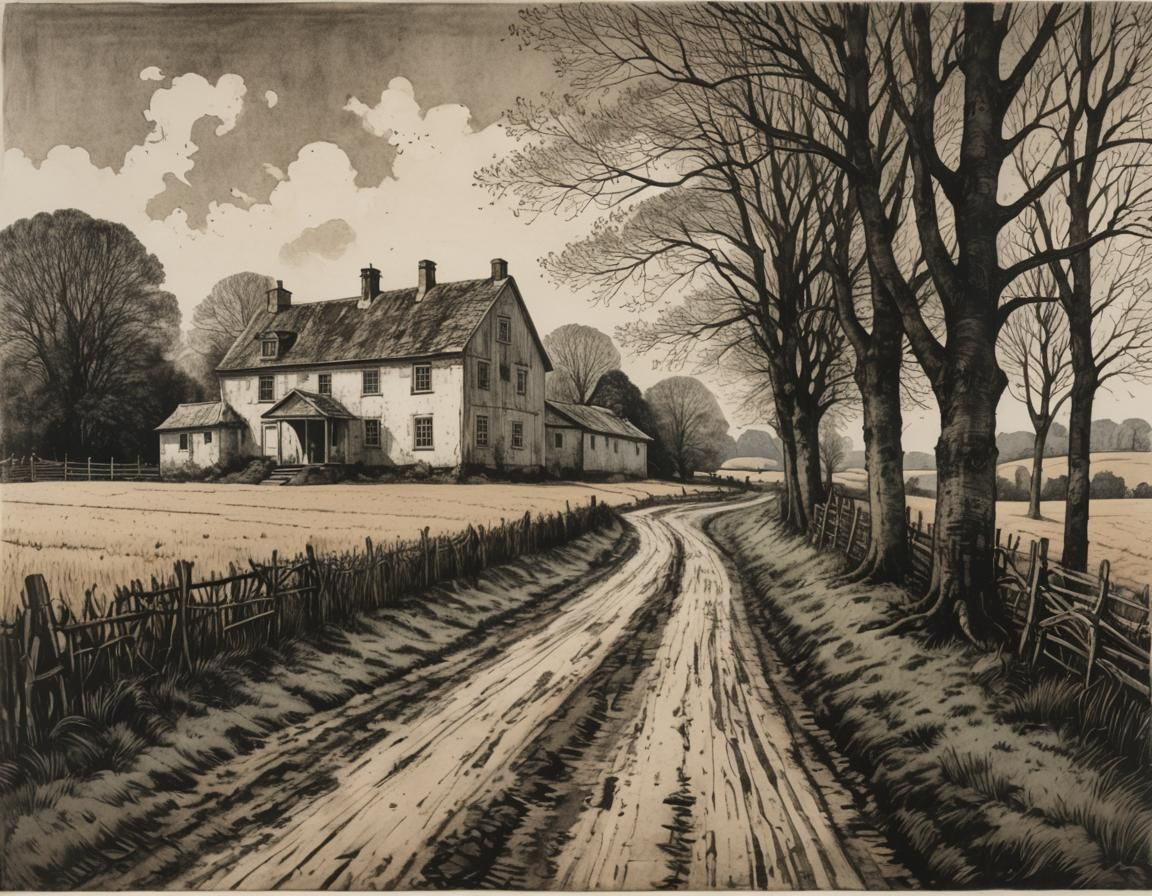Etching of Farmhouse in Muted Earth Tones