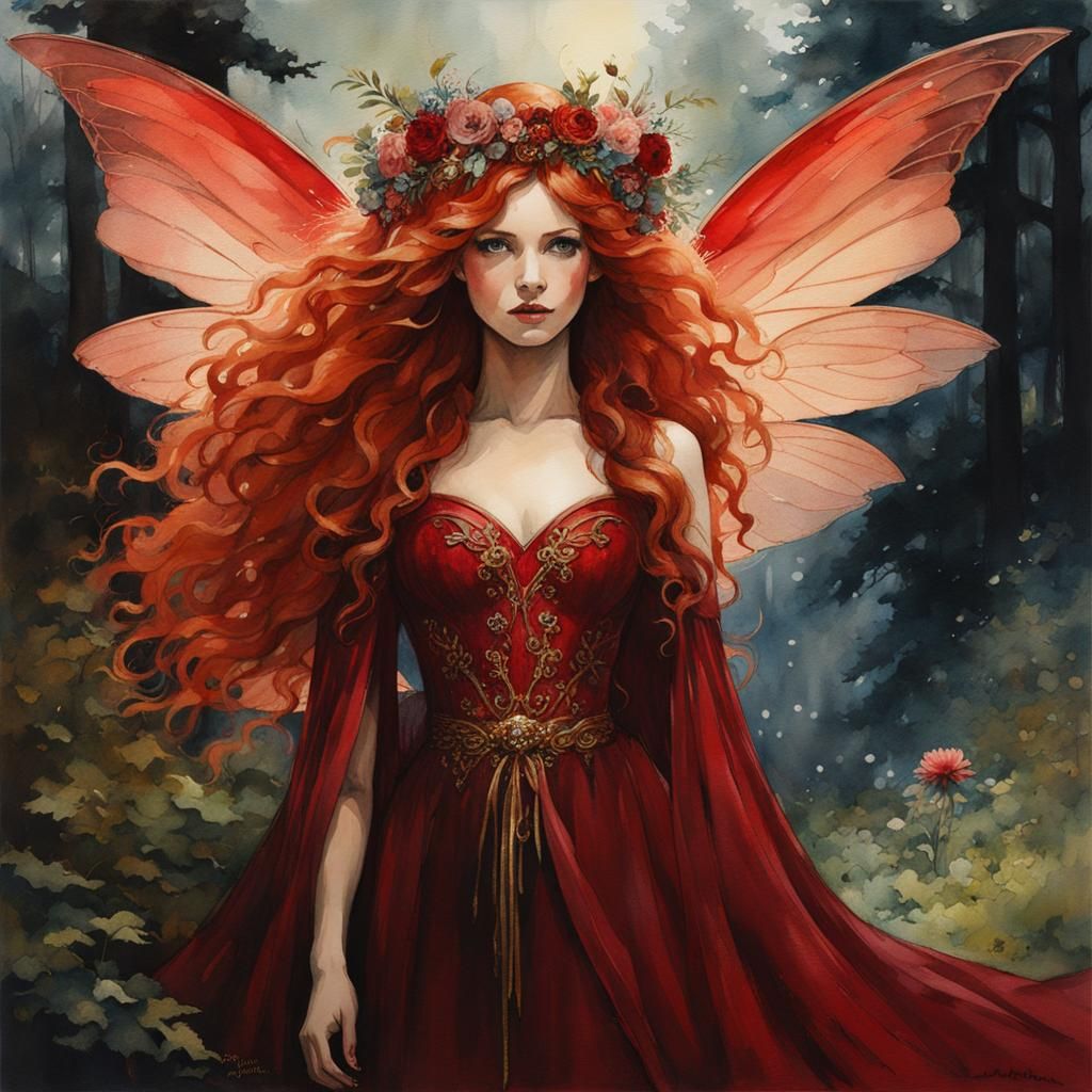 Goddess-Like Red-Haired Fairy in Watercolor and Ink