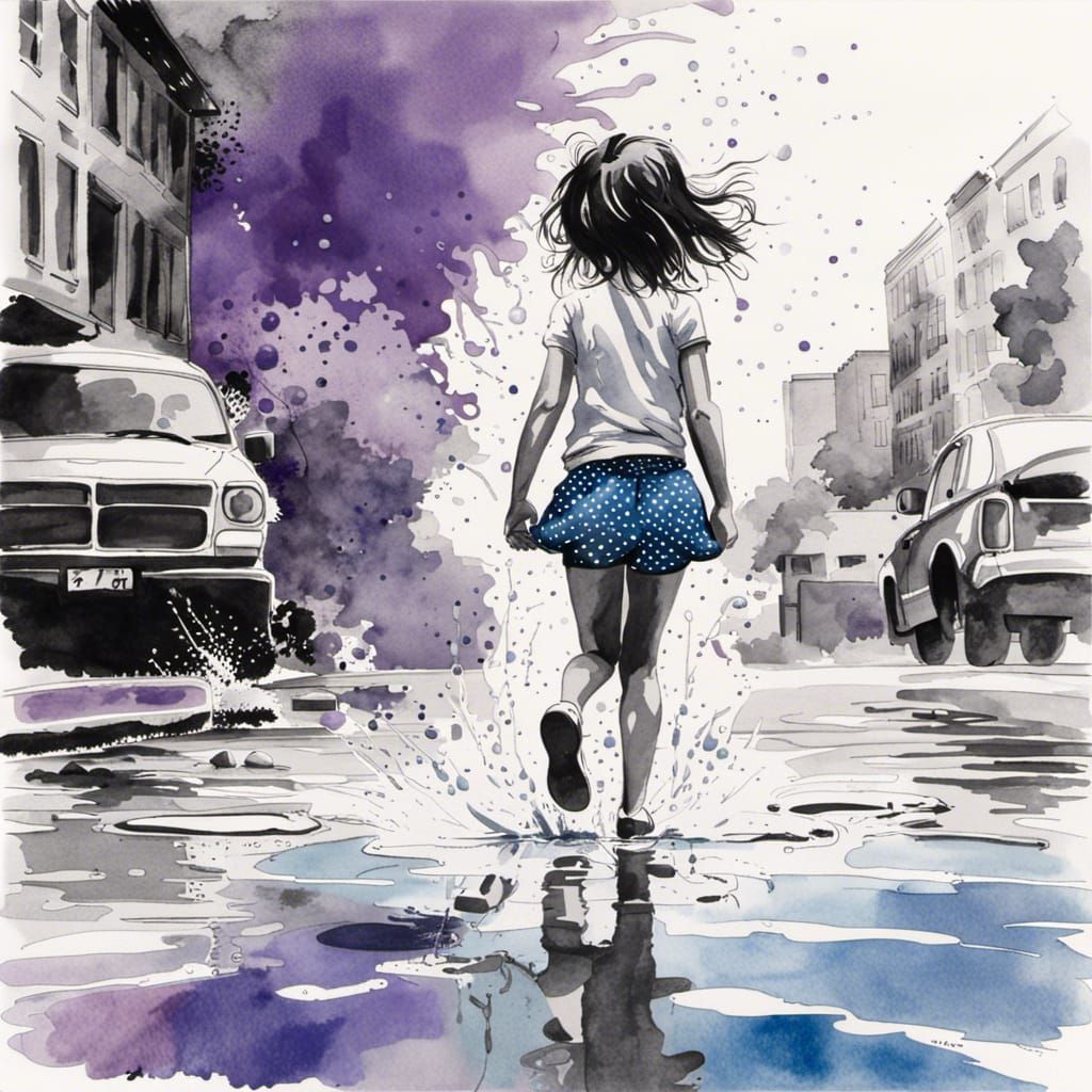 Child Splashing: Black and White Watercolor with Purple Acce...