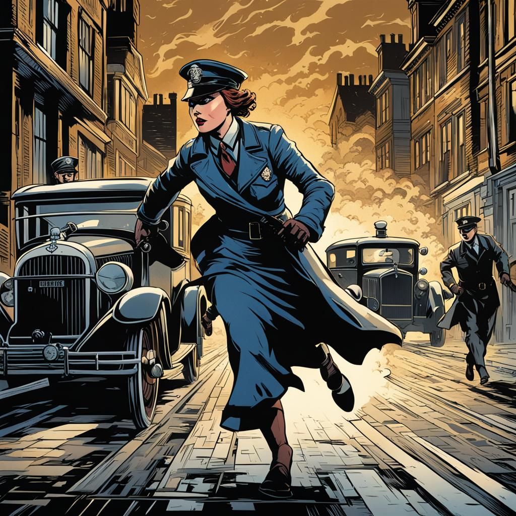 1920s British Policewoman Chasing a Thief: Comic Art
