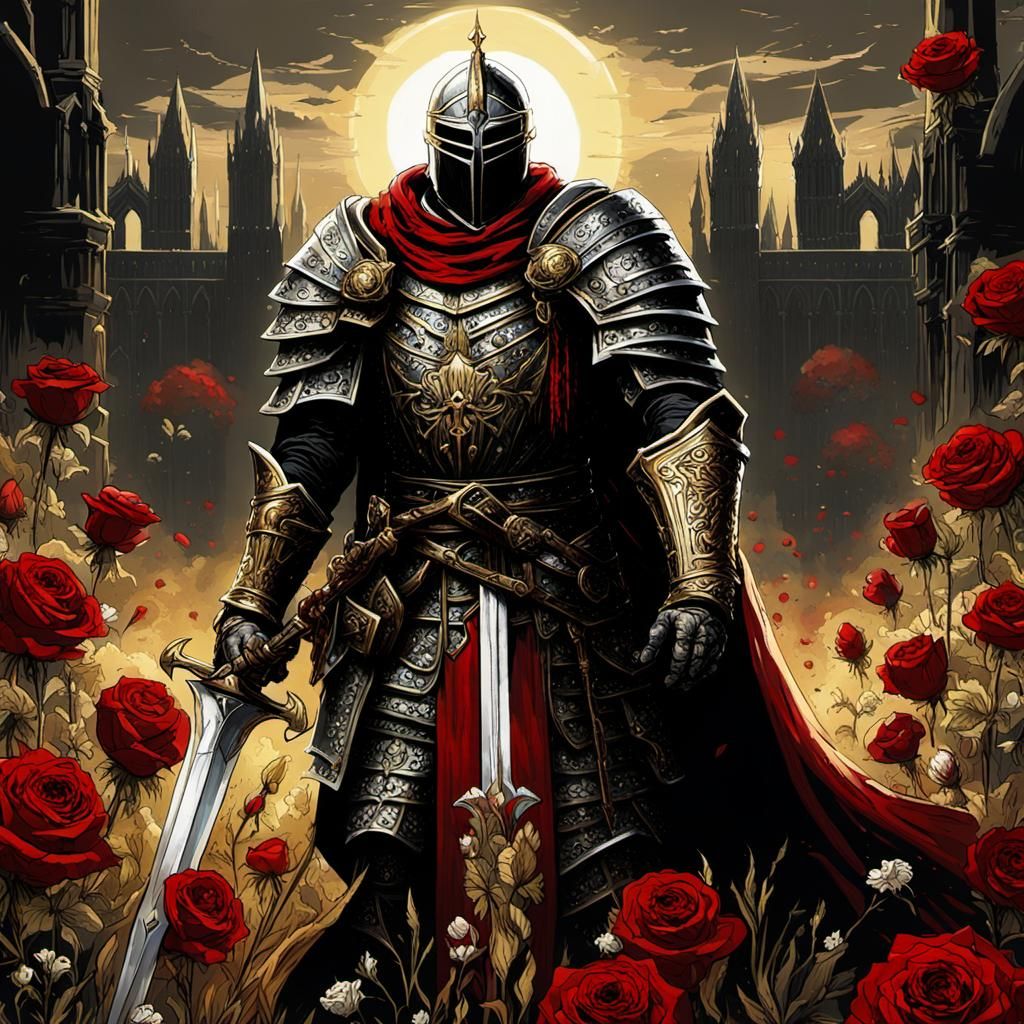 Gothic Knight Templar in Rose Field as Gouache Painting