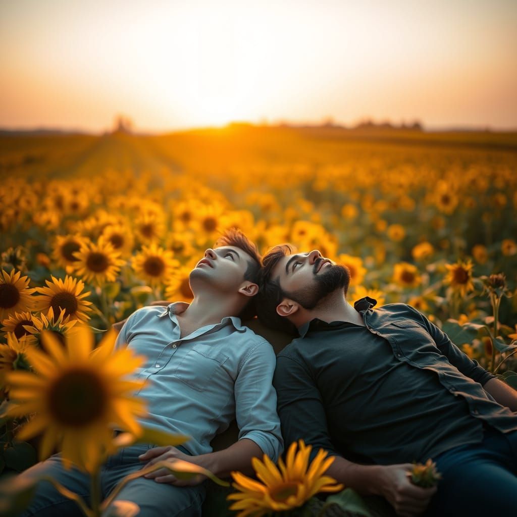 Men in Sunflower Field at Sunset: Romantic Photography