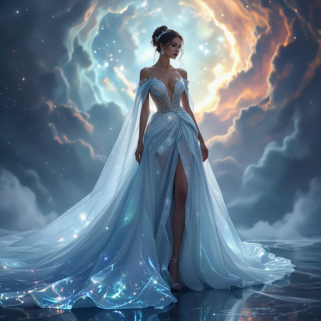 Ethereal Model in Moonlight Gown Against Nebula