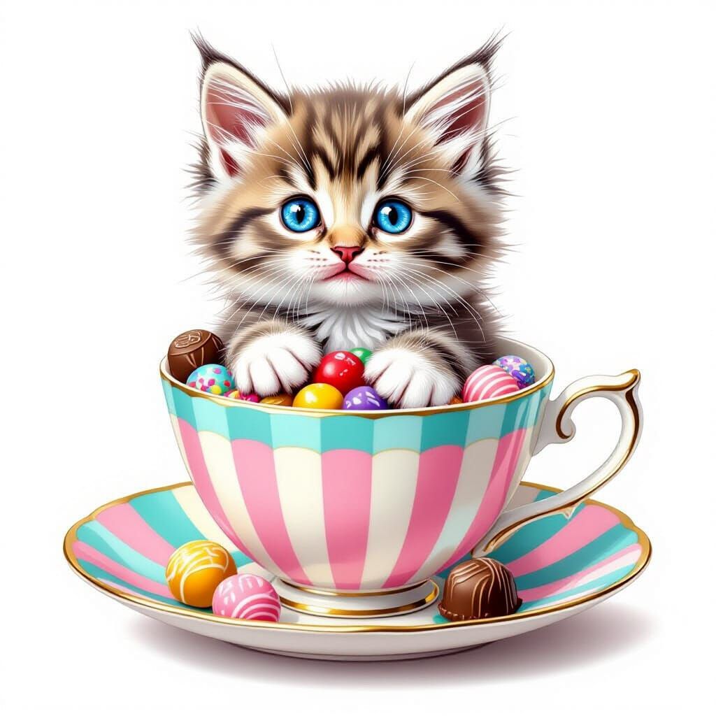 Kitten in Teacup with Candies in Dreamy Style