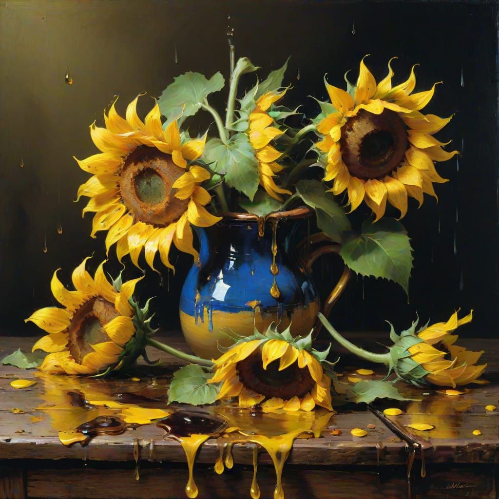Sunflowers in Dripping Oil Paint