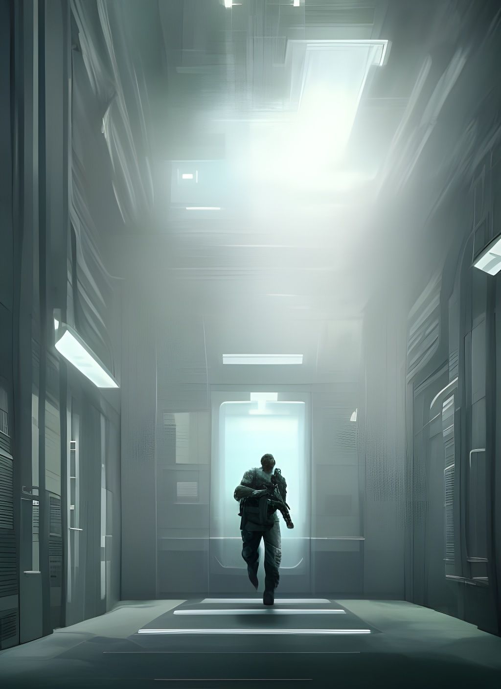 Sci-Fi Man Runs Through Futuristic Office