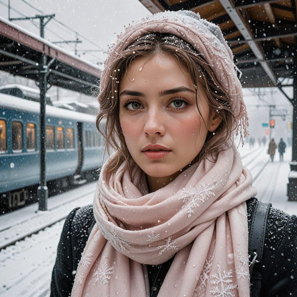 Snowy Train Platform in Hyper-Realistic Style