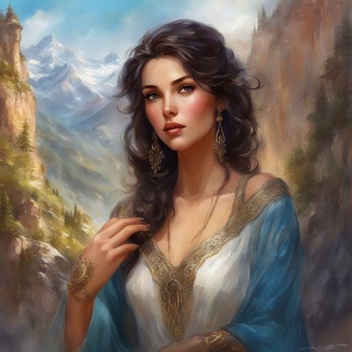 Beautiful Girl Portrait in Mountains, Splash Art Style