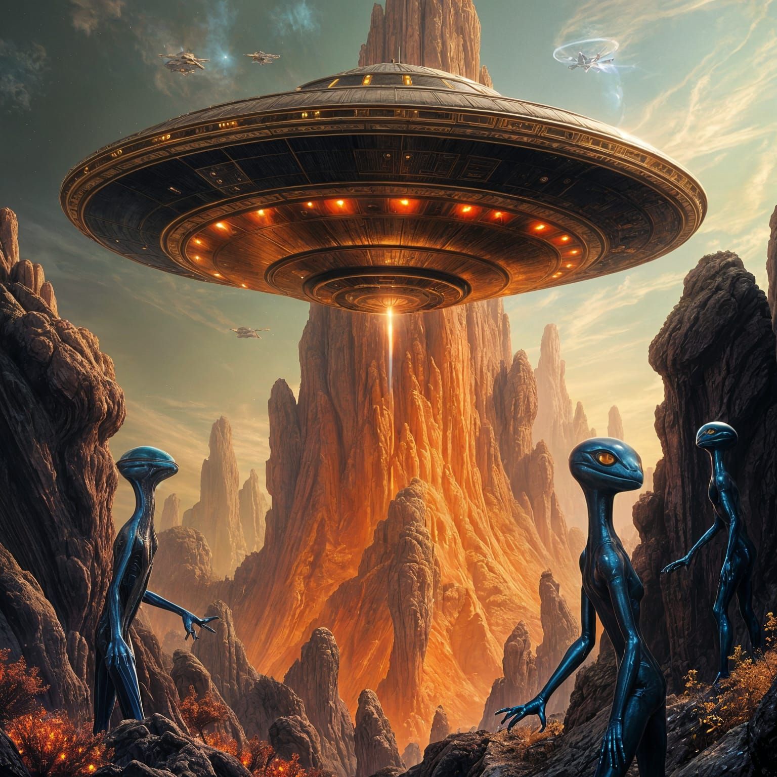 Saucer Spaceship Over Alien Landscape