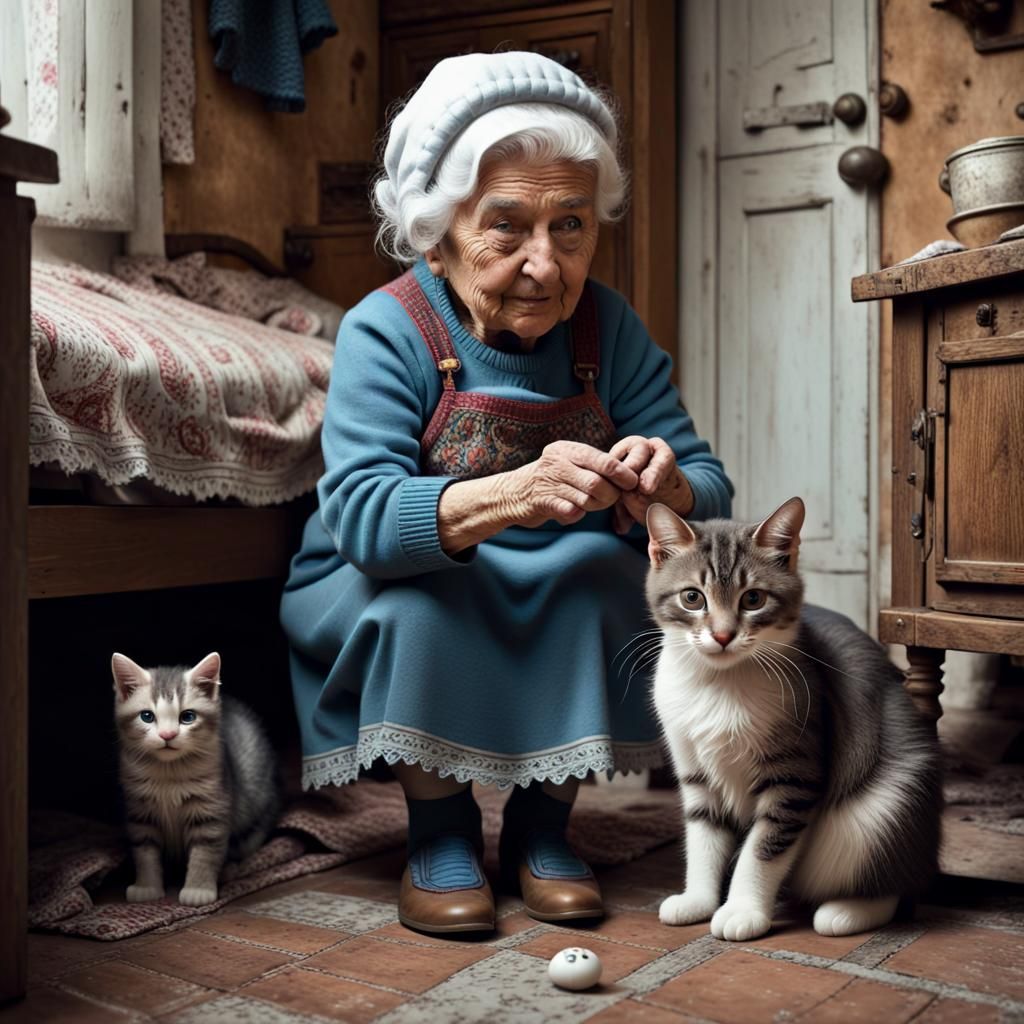 Kitten's Mischief: A Grandmother's Knitting Interrupted