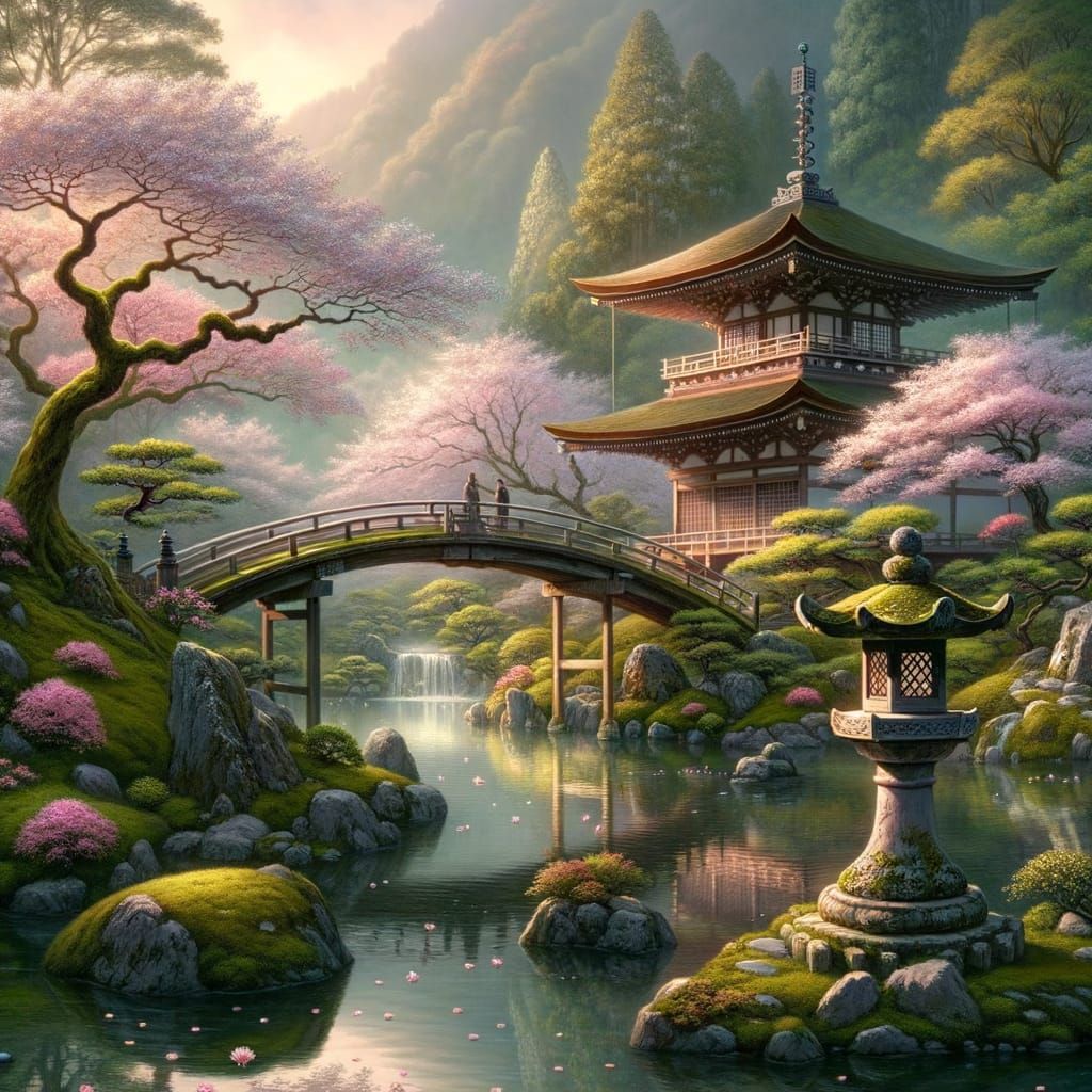 Japanese Garden with Pagoda in Ukiyo-e Style