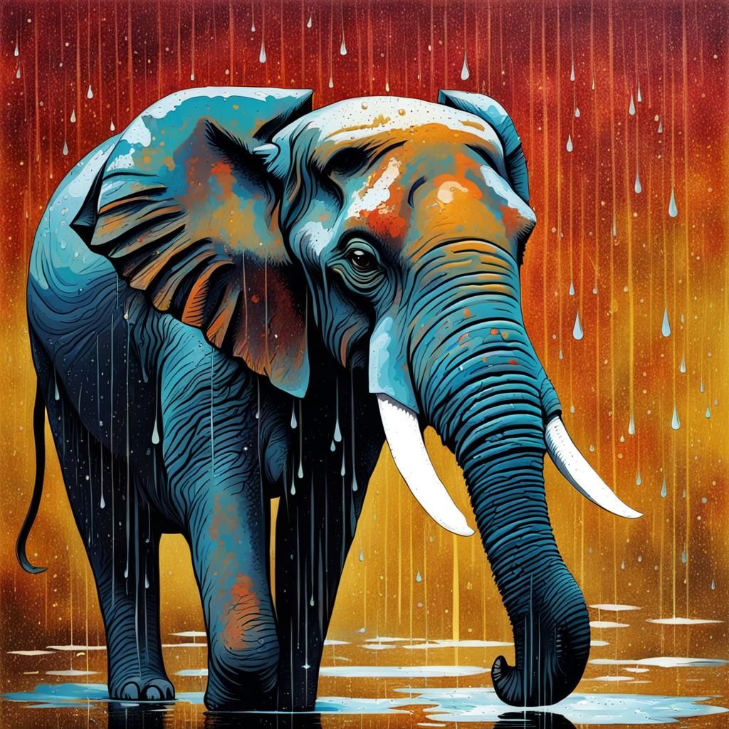Abstract Elephant in Rainy Landscape with Vivid Colors