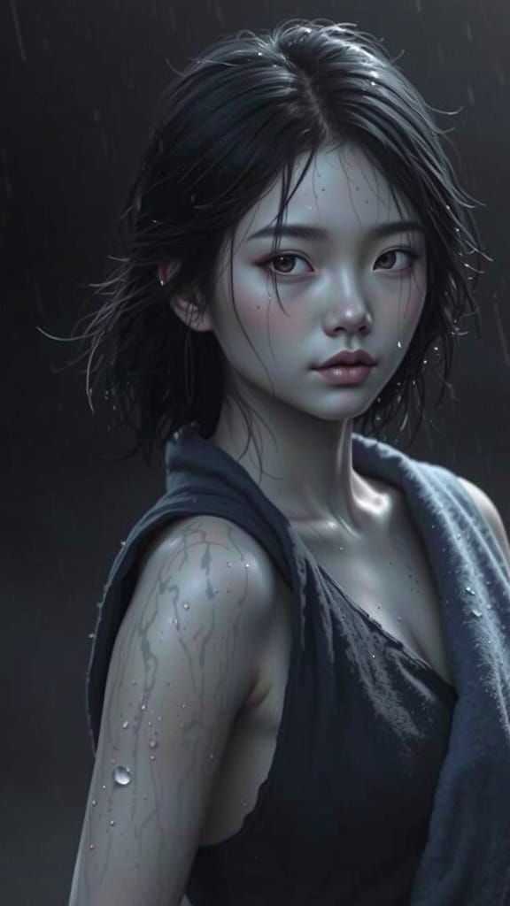 Ethereal Blue Goddess Embracing Rainy Atmosphere