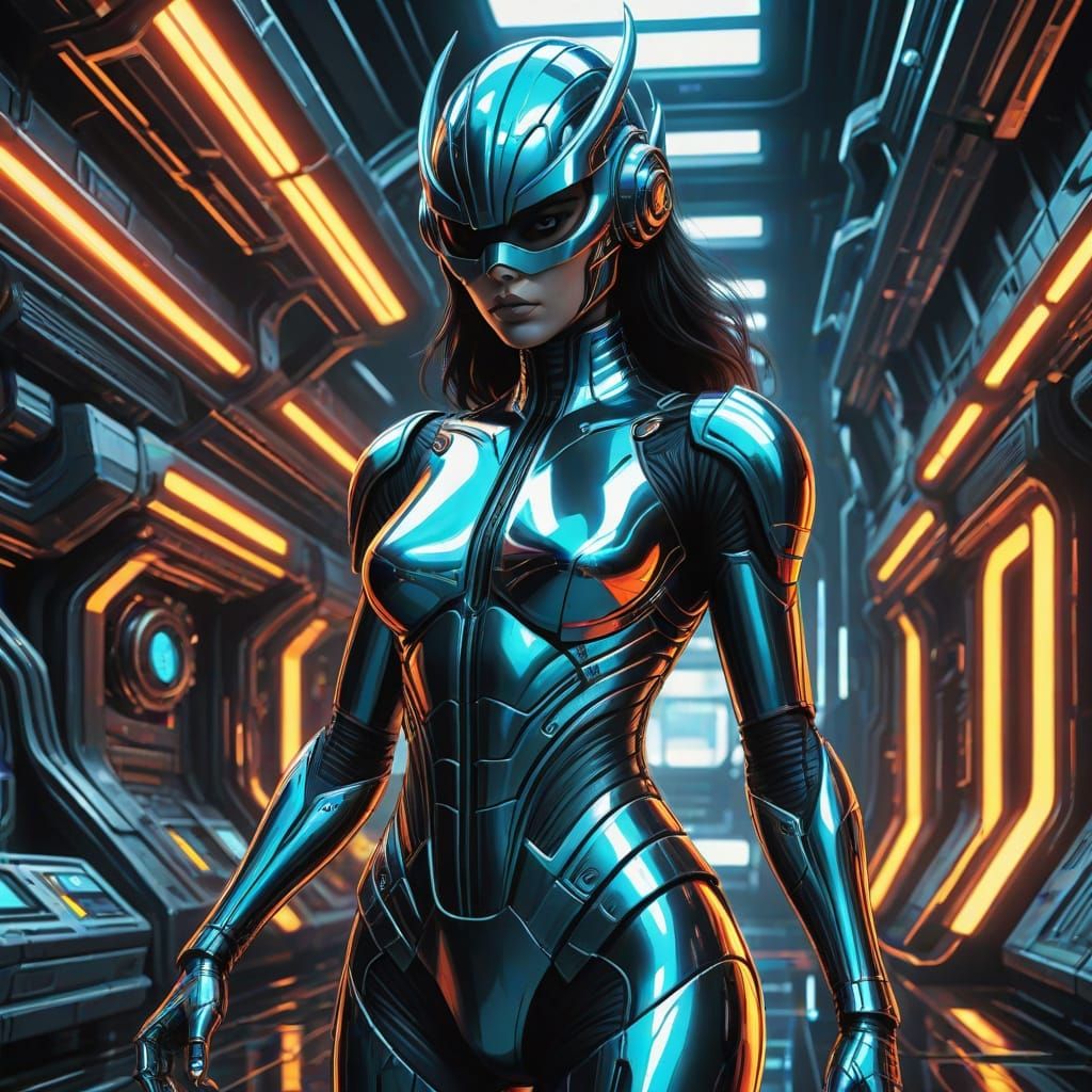 Morphed Superheroine in Futuristic Armor