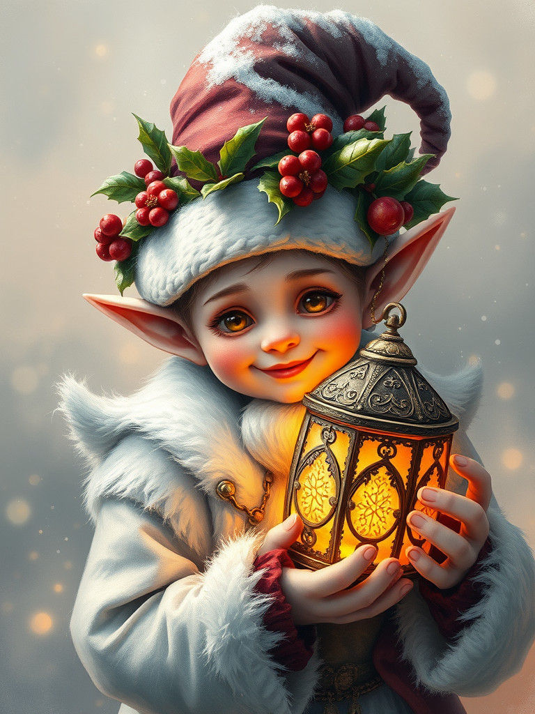 Whimsical Christmas Elf with Lantern, Fantasy Concept Art
