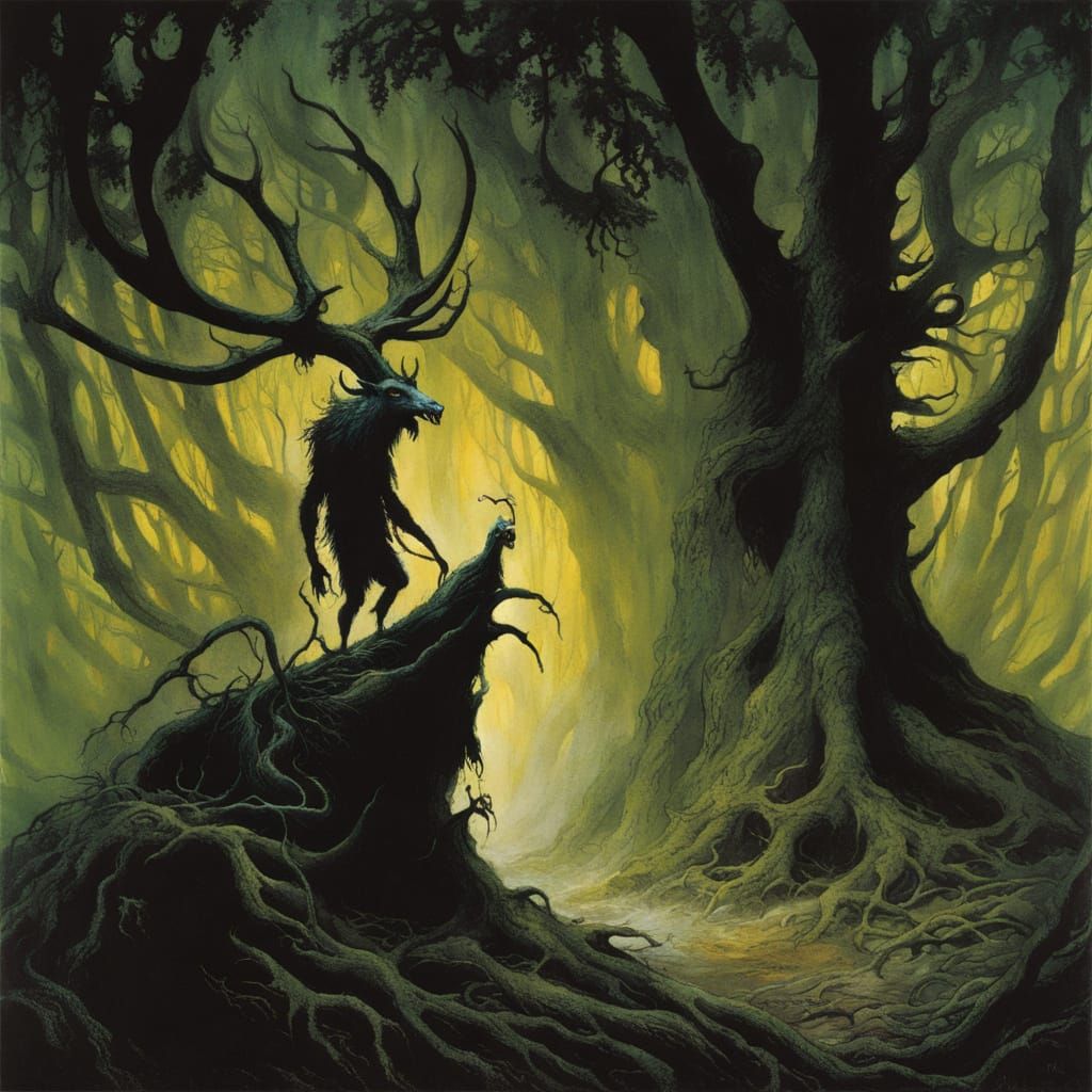 Eldritch Horror Landscape with Wendigo Figure in a Dave McKe...