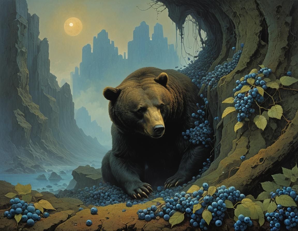 Bear in a Surreal Basalt Landscape with Birds and Berries