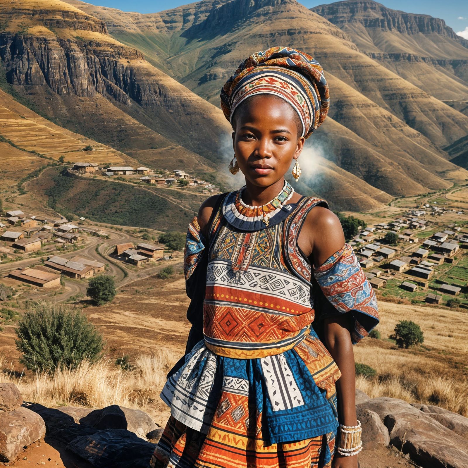Basotho Woman in Traditional African Village Dress