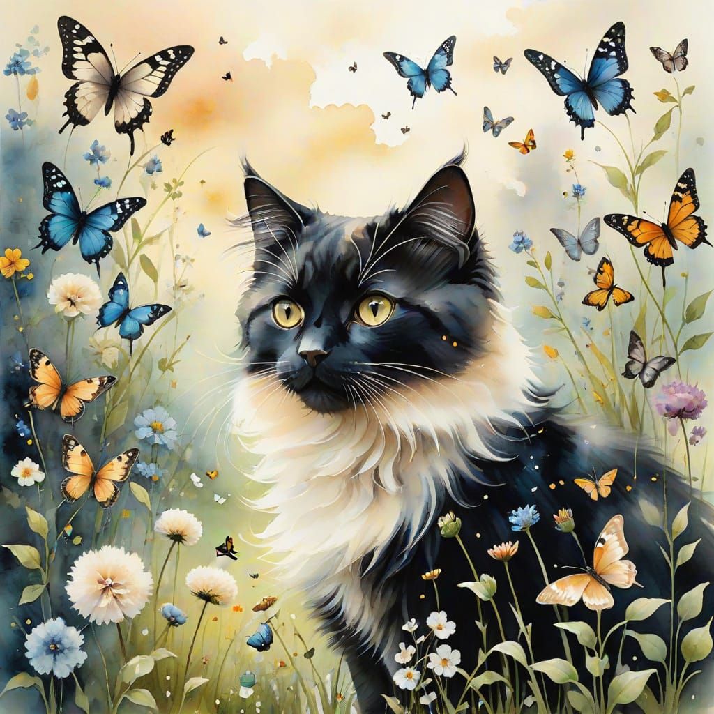 Whimsical Aquarelle Cat in a Dreamlike Garden