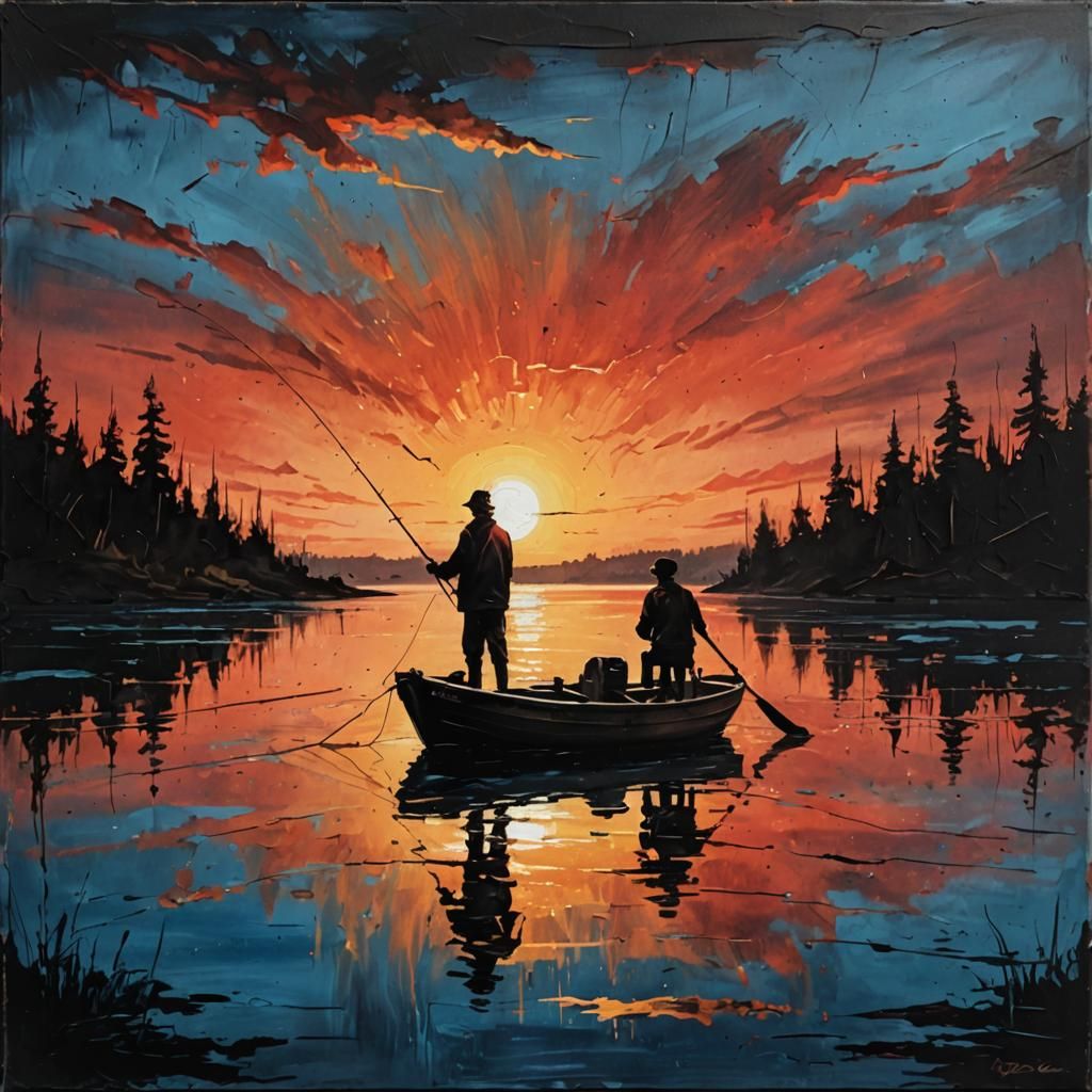 Fishermen on Boat in Red Sunset Painting