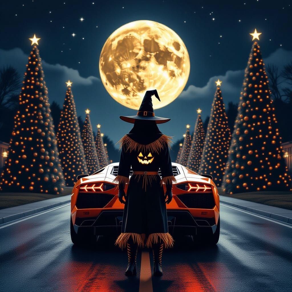 Halloween Christmas Trees Under a Glowing Moon