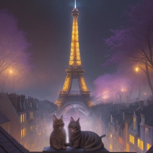 Cats Admire Burning Eiffel Tower: Detailed Concept Art