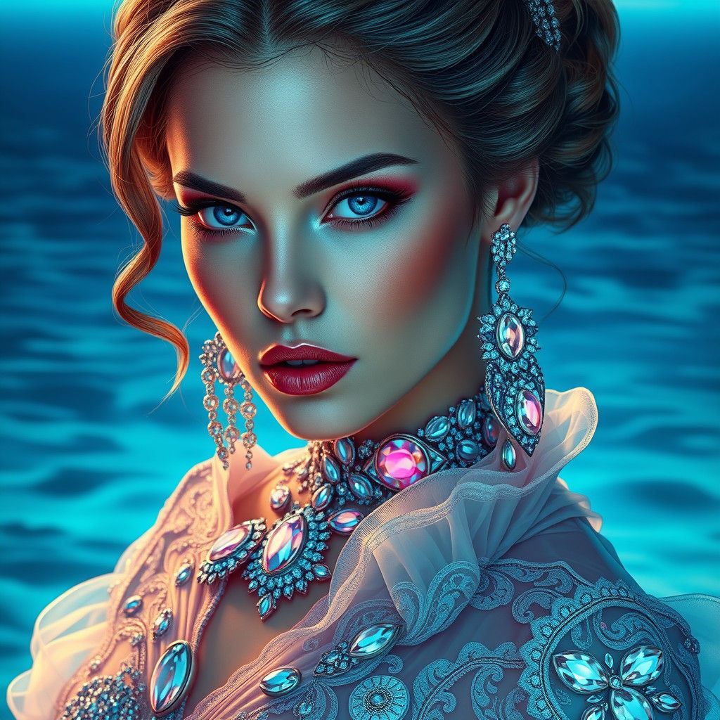 Stunning Woman in Gemstone Gown: Realistic Digital Portrait