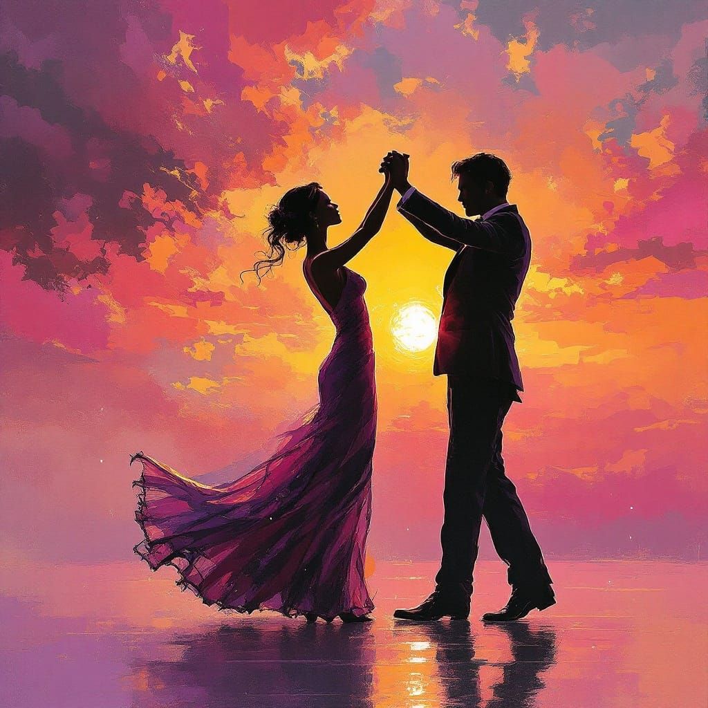 Romantic Couple Dancing Against Vibrant Sunset