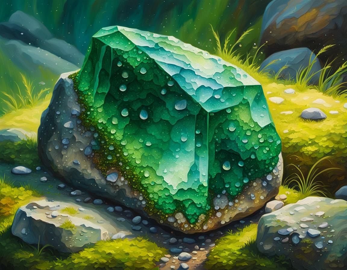 Emerald Boulder Radiates Light as Oil Painting