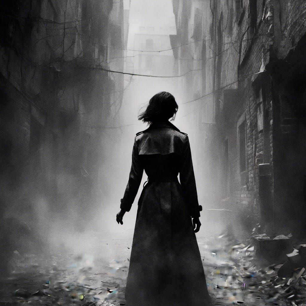 Eerie Silhouette in Foggy Alley, Macabre Style