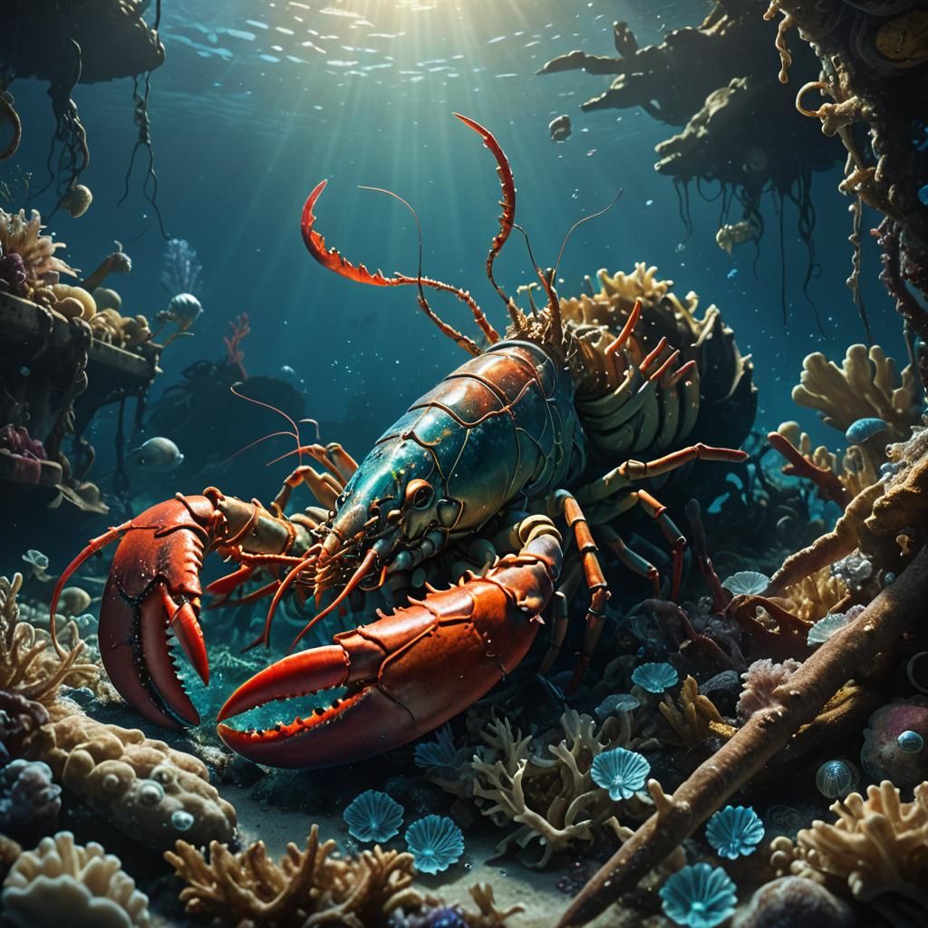 Glowing Lobster Finds Sunken Treasure, Fantasy Art