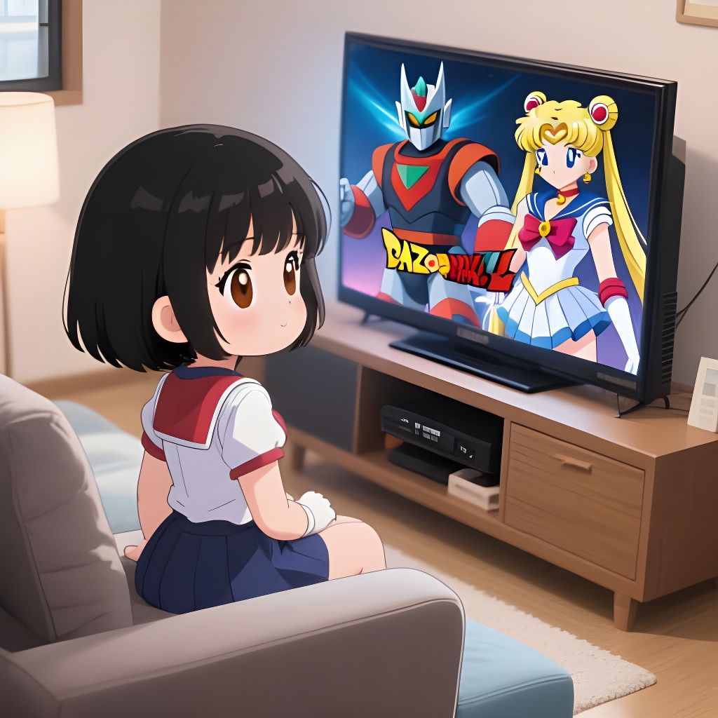 Anime Chibi Girl Watches Classic Cartoons on TV
